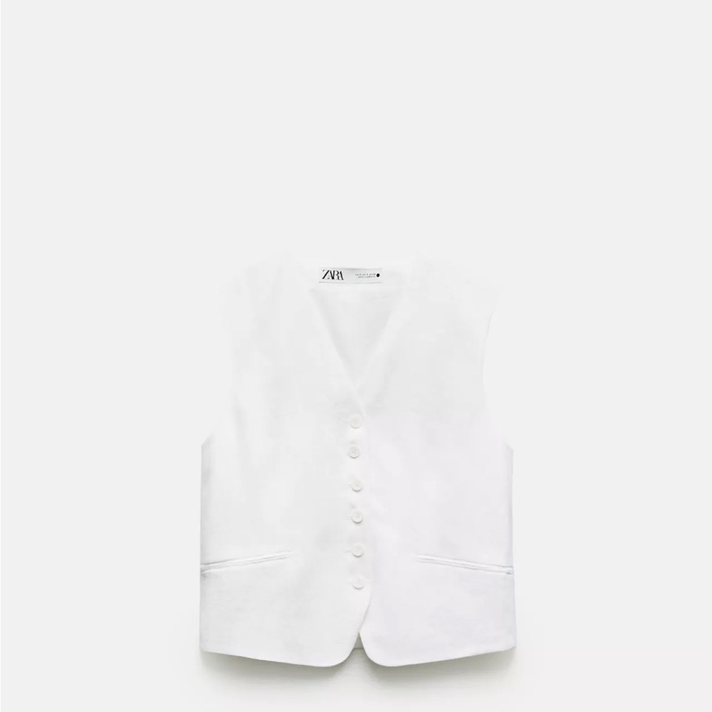 Zara Linen White Button-Up Vest